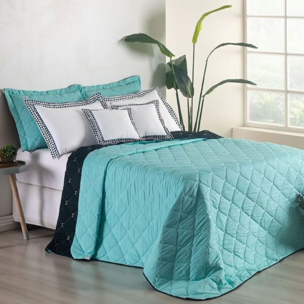 Kit Cobre Leito Dupla Face Casal Queen Bordado Renove Hipercal 400 Fios Cor:verde (3210-12) - Image 2